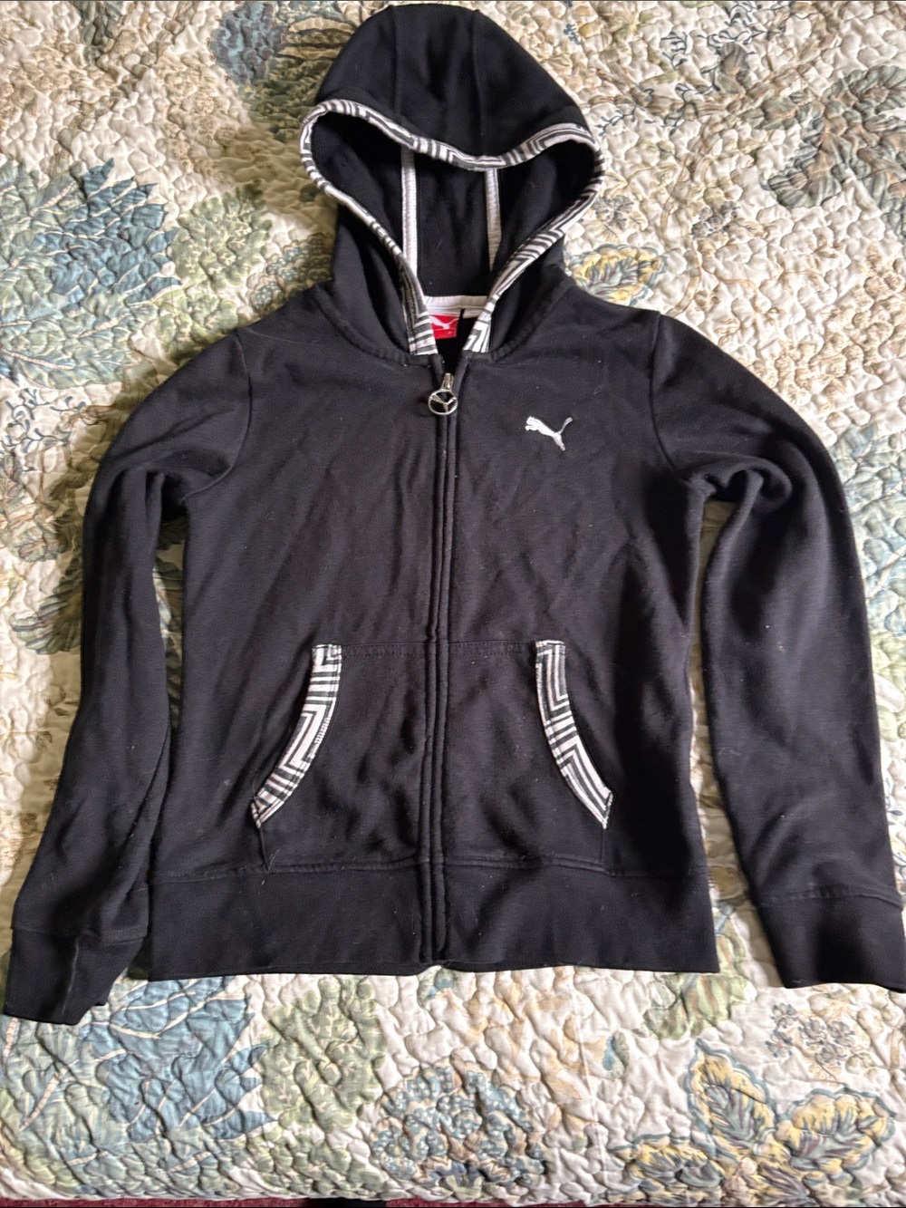 Puma Black Girls Zip-Up Hooded Jacket with Patterned Trim